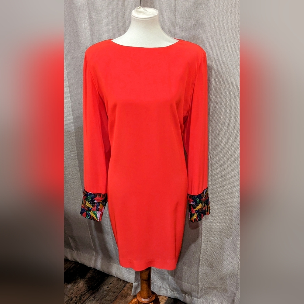 VNTG 80's Red dress w/ multicolor beading on sleeves D'ore- Dela Roufogali sz 16